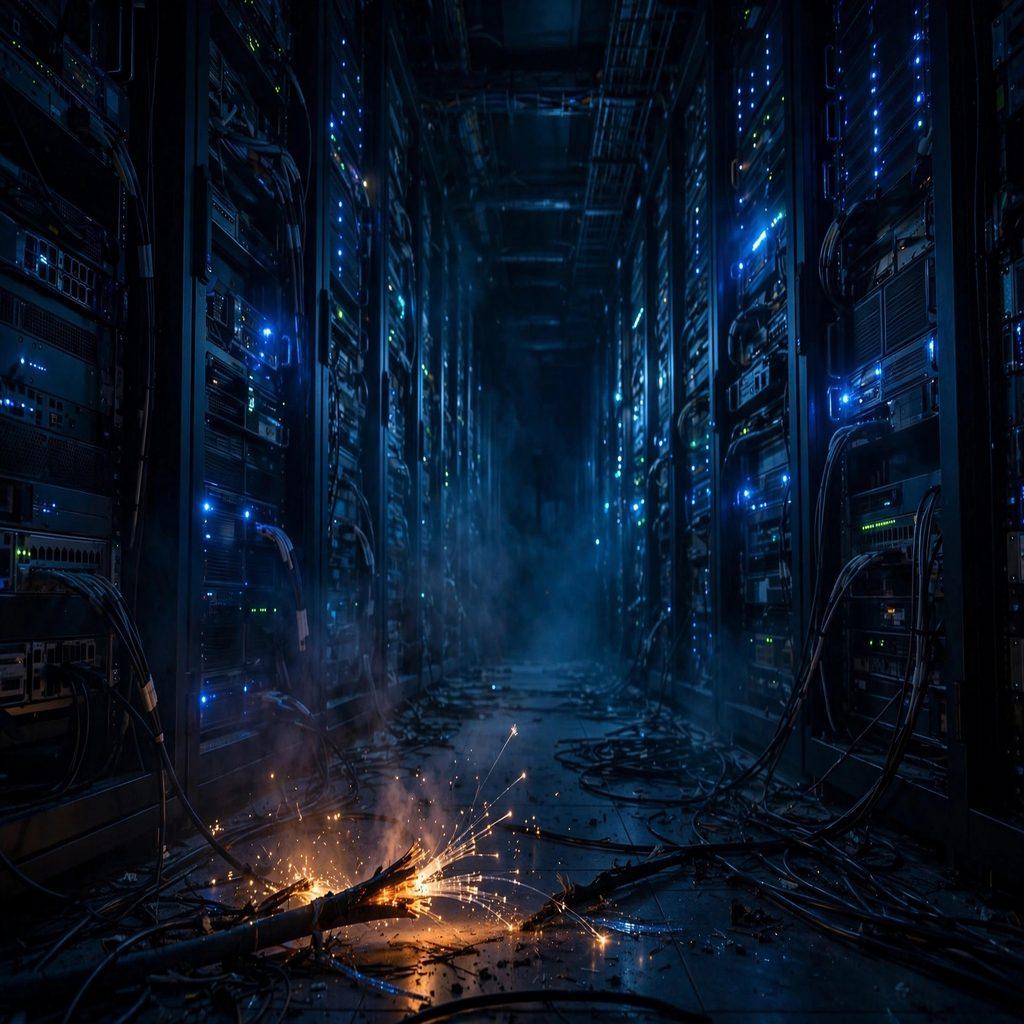 A dark server room with rows of blinking racks, one cable cut and sparking, representing a severed ad delivery pipe
