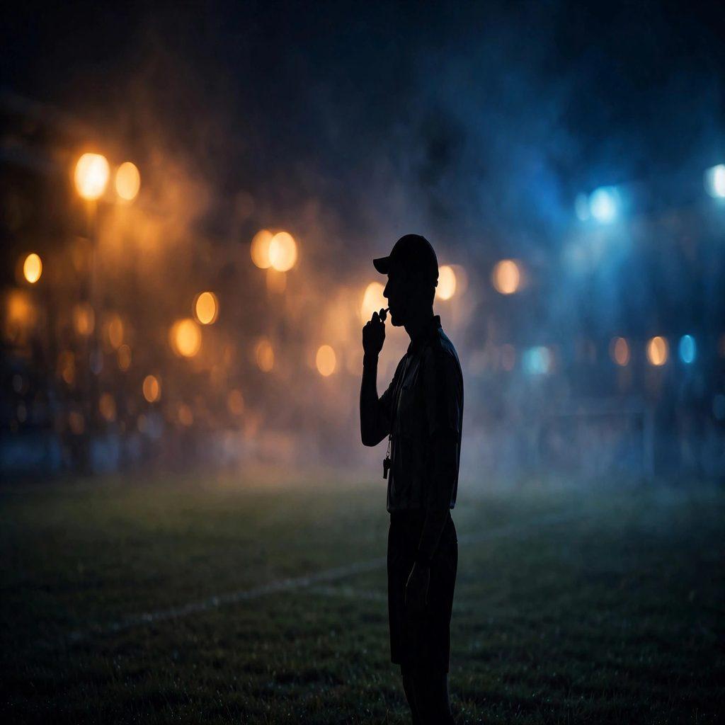 A referee on a dark sports field holding a whistle, stadium ads glowing behind, the official who also sells the signage