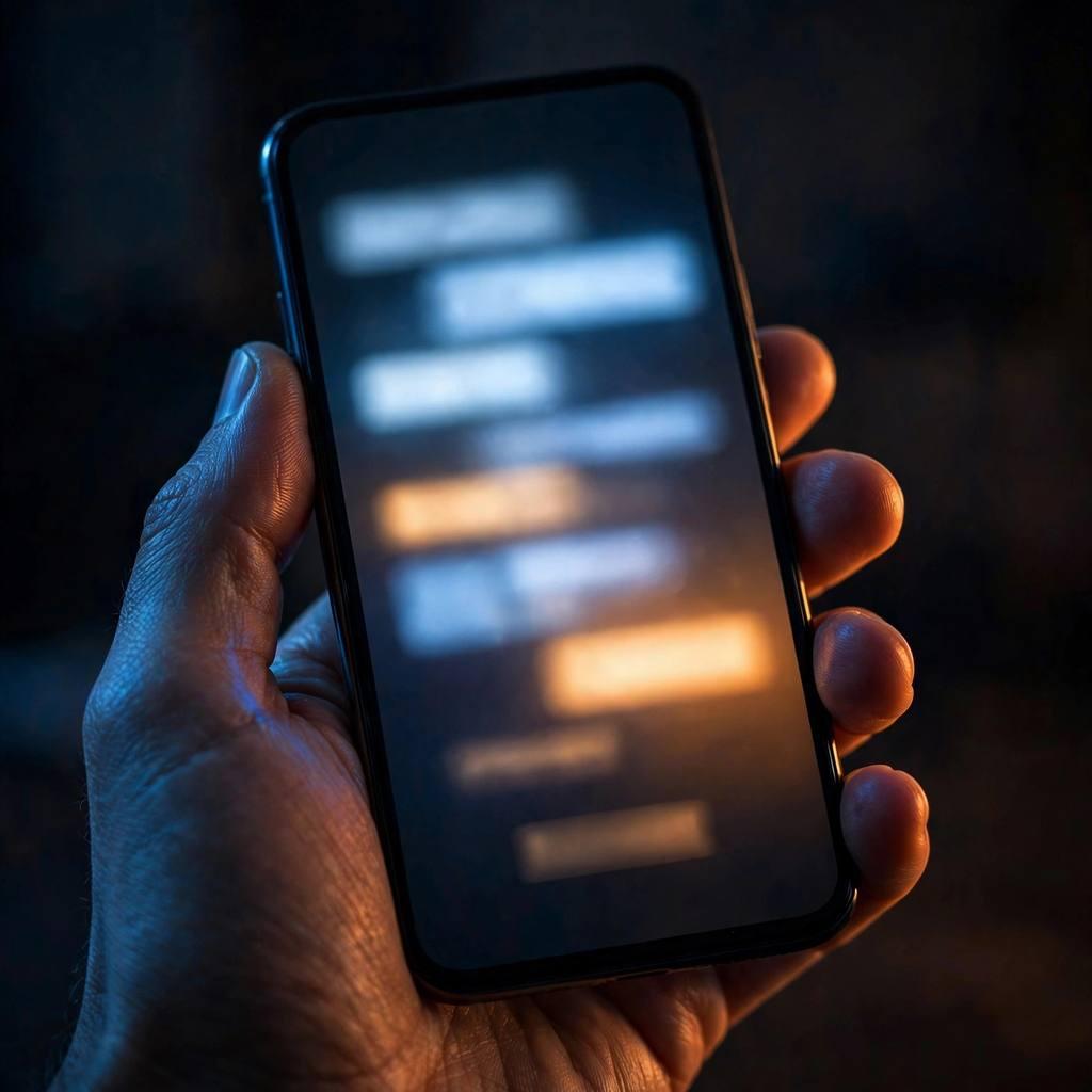 A hand holding a smartphone in a dark room, an AI answer glowing on screen with an amber sponsored card below it