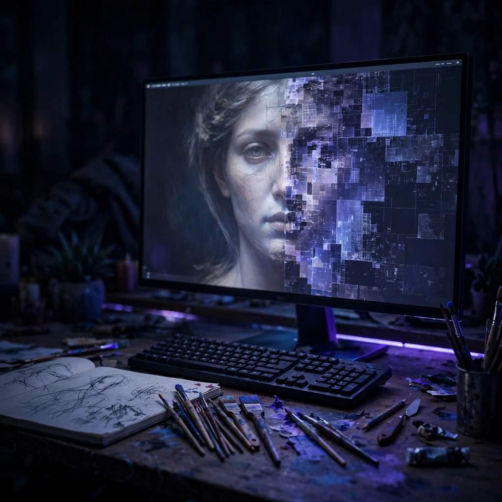 An artist desk at night with a half-rendered AI image glowing on a monitor, brushes and a sketchbook nearby