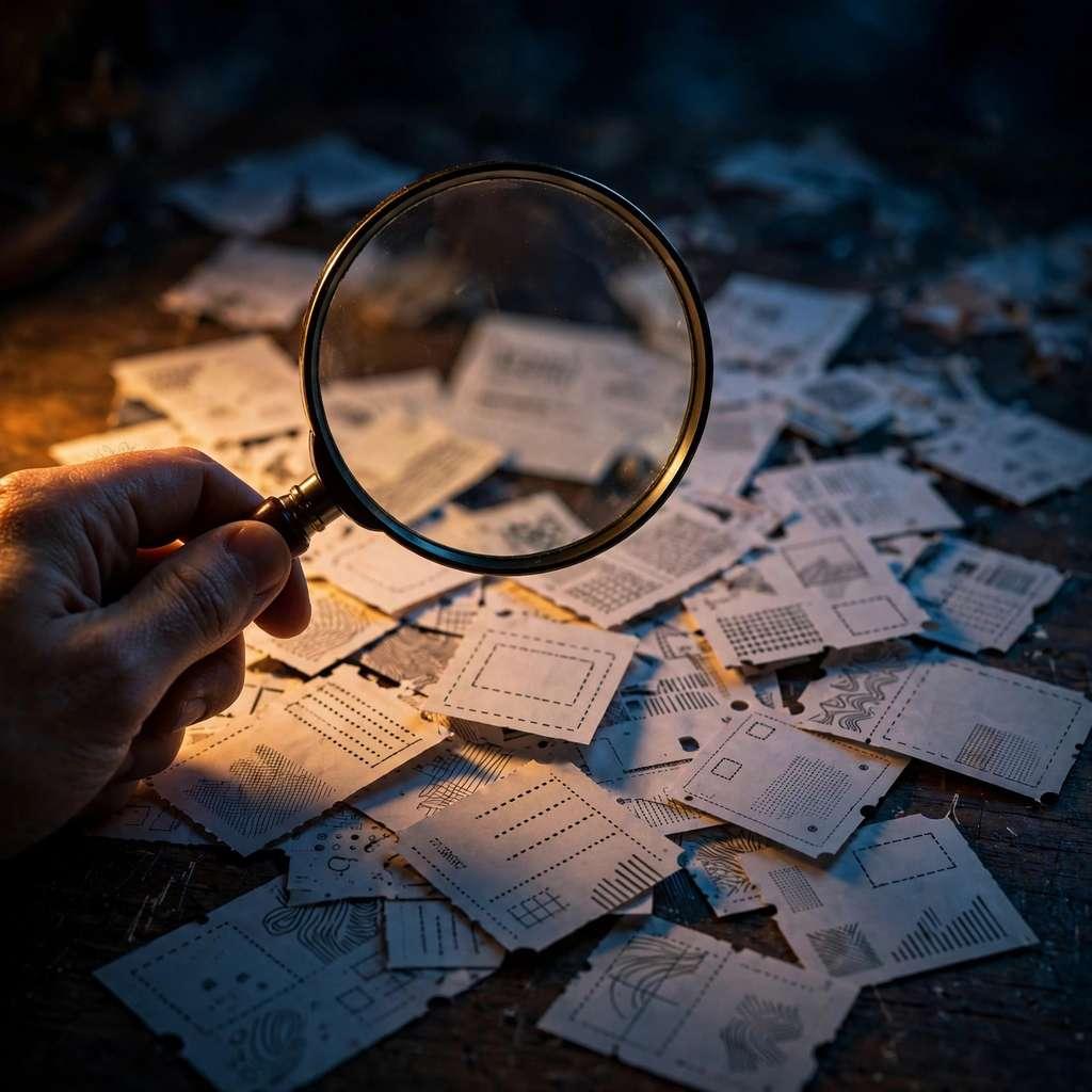 A hand holding a magnifying glass over scattered printed discount flyers and coupon pages on a dark wooden desk