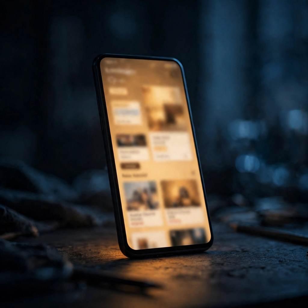 A smartphone standing on a dark desk at night, its screen glowing amber and blue with a blurred store promotion page