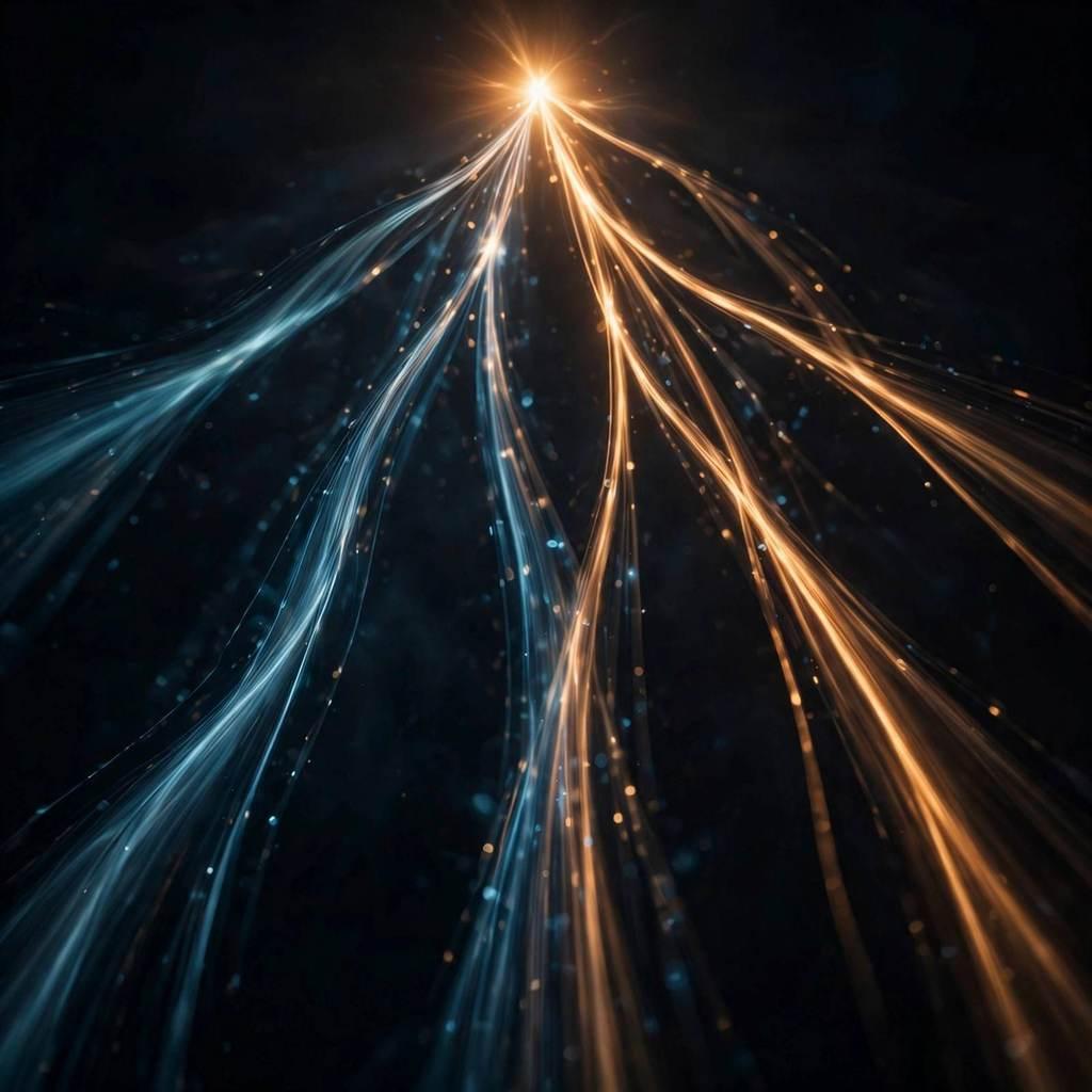 Light trails splitting from one bright point into several streams against a dark background