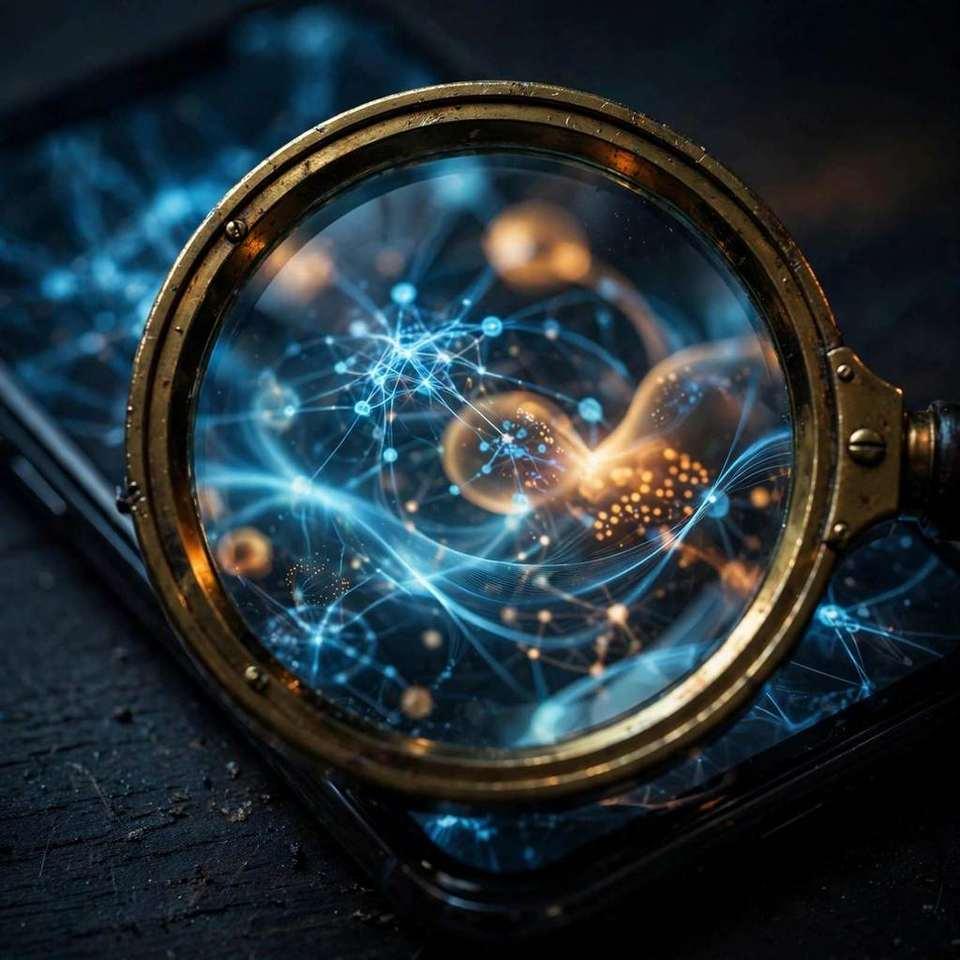 A magnifying glass over a glowing smartphone screen showing an AI answer panel in a dark room