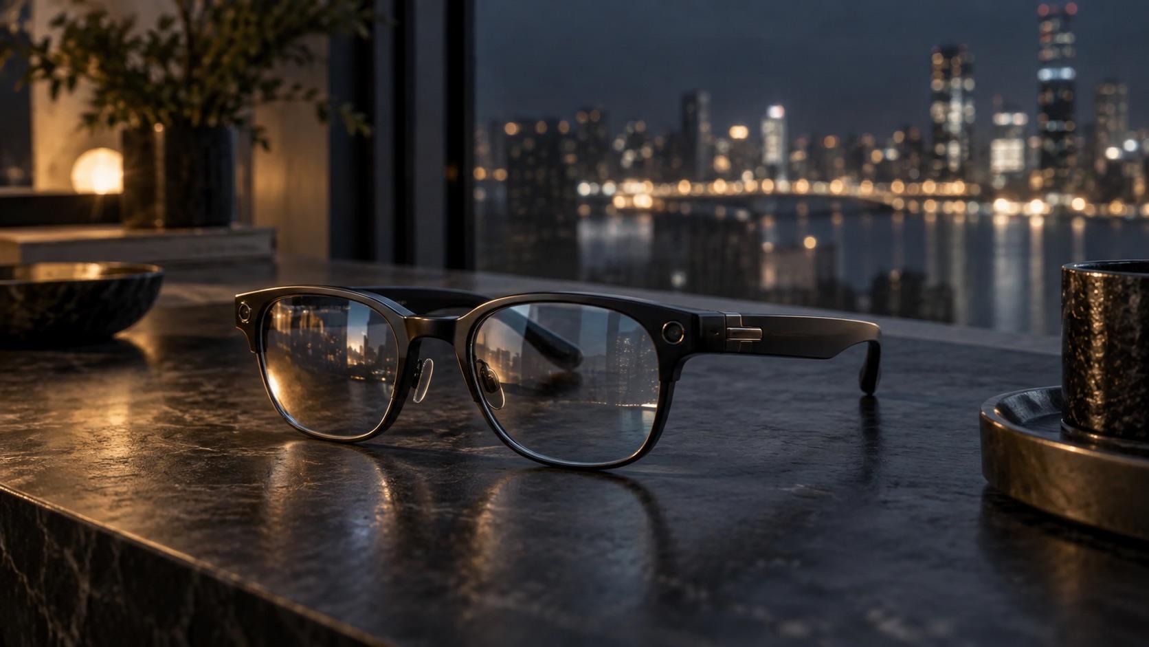 Black smart glasses resting on a table with a city skyline at dusk