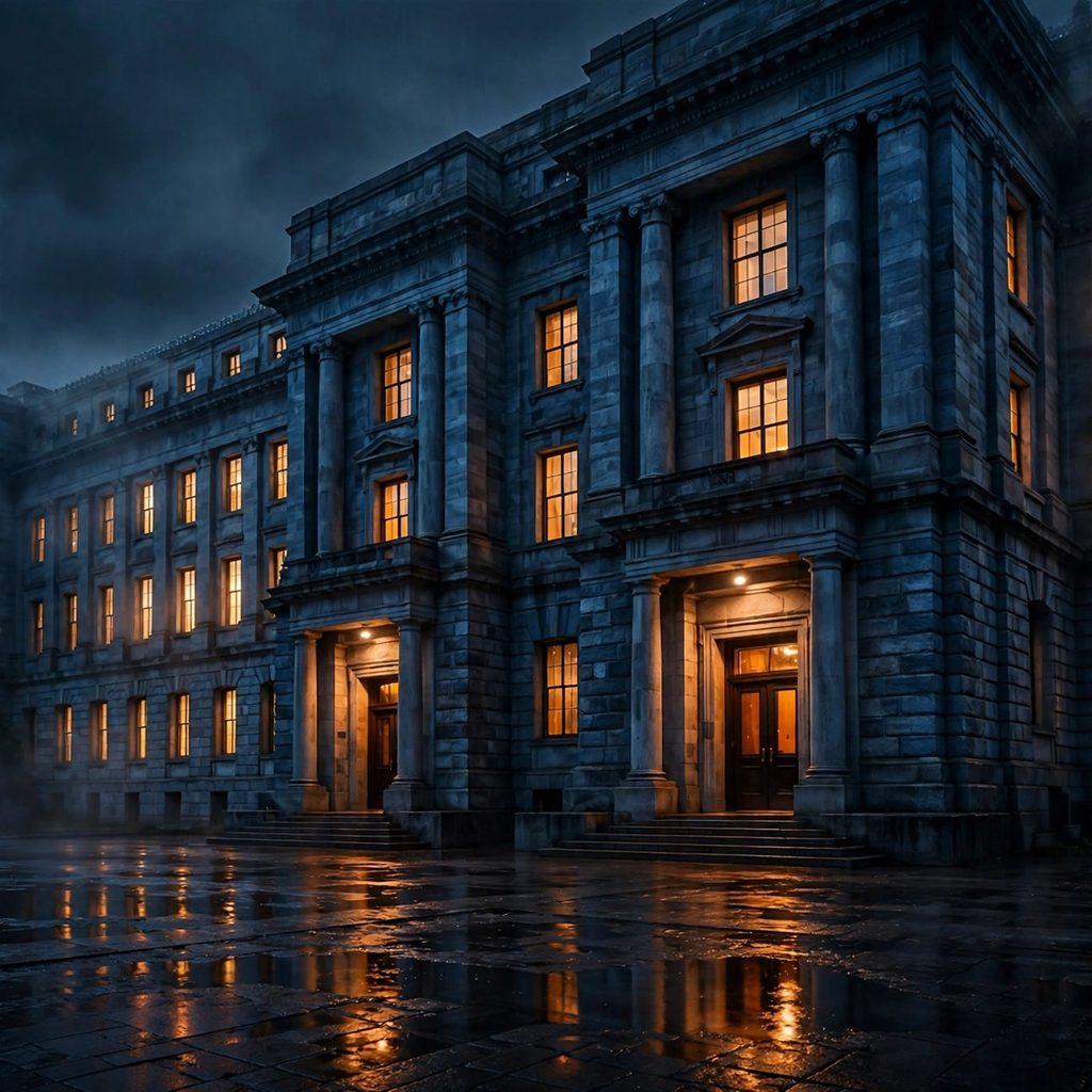 A dark government building at night with two lit entrances, deep blue stone and amber windows