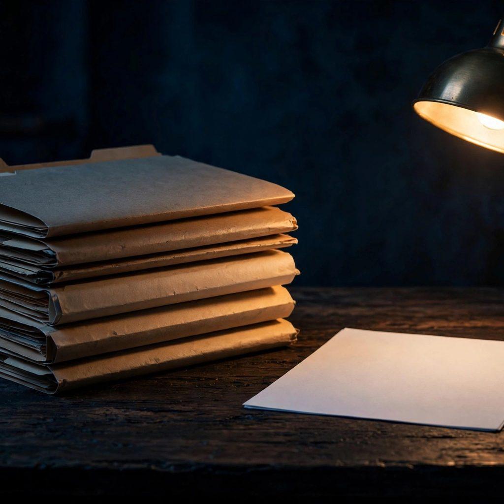 A dark desk with a stack of folders and a single document under a warm lamp, deep blue shadows