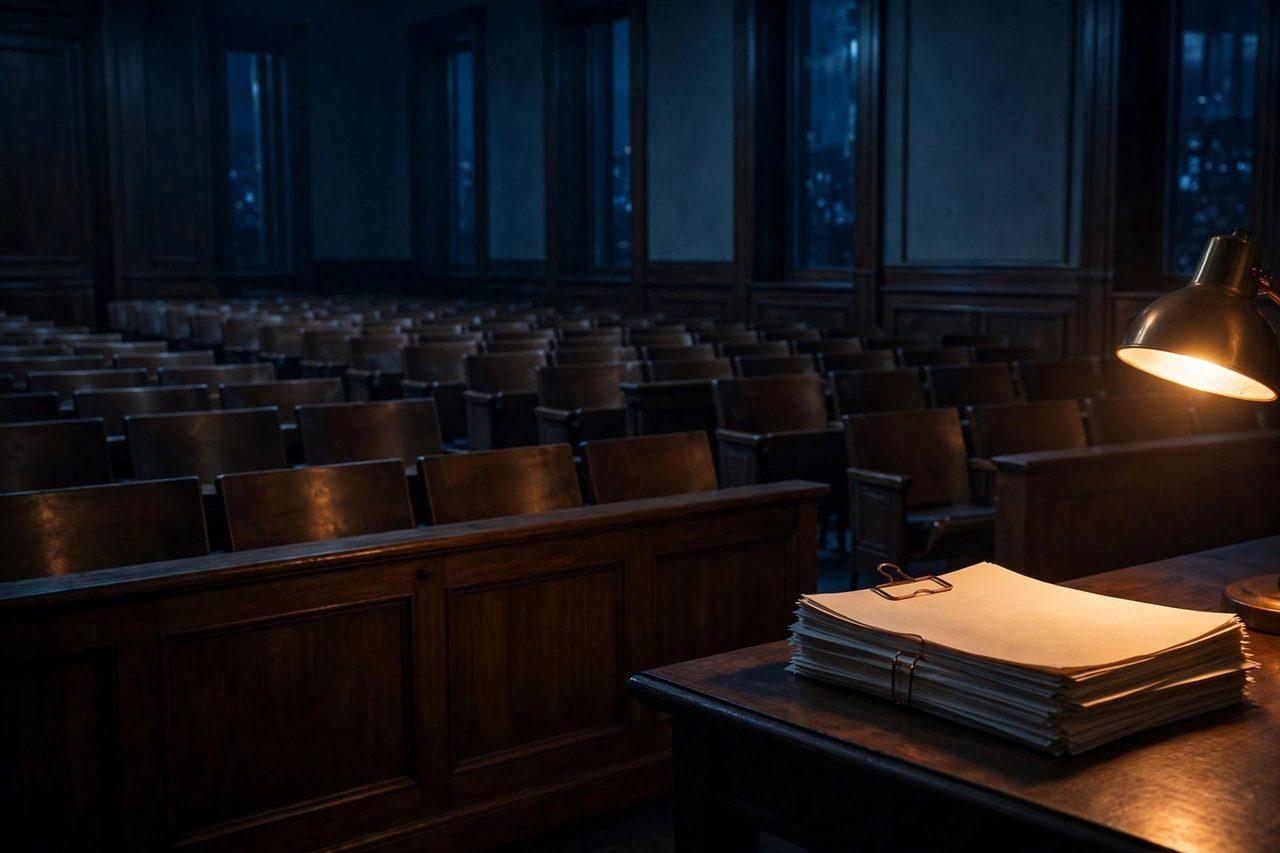 A dark hearing room with rows of empty seats and a stack of documents under warm light, deep blue and amber tones