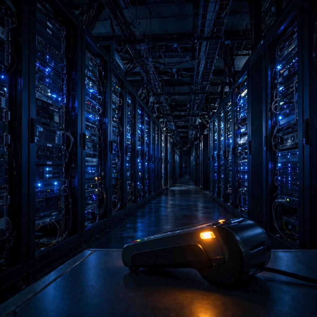 A dark data center corridor with rows of server racks glowing blue and one amber payment light
