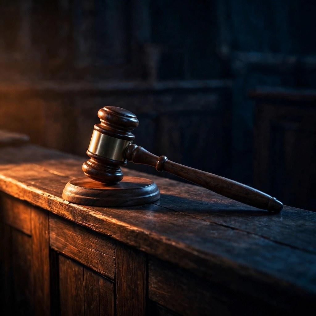A dark courtroom with a wooden gavel resting on the bench, amber light cutting through deep blue shadow