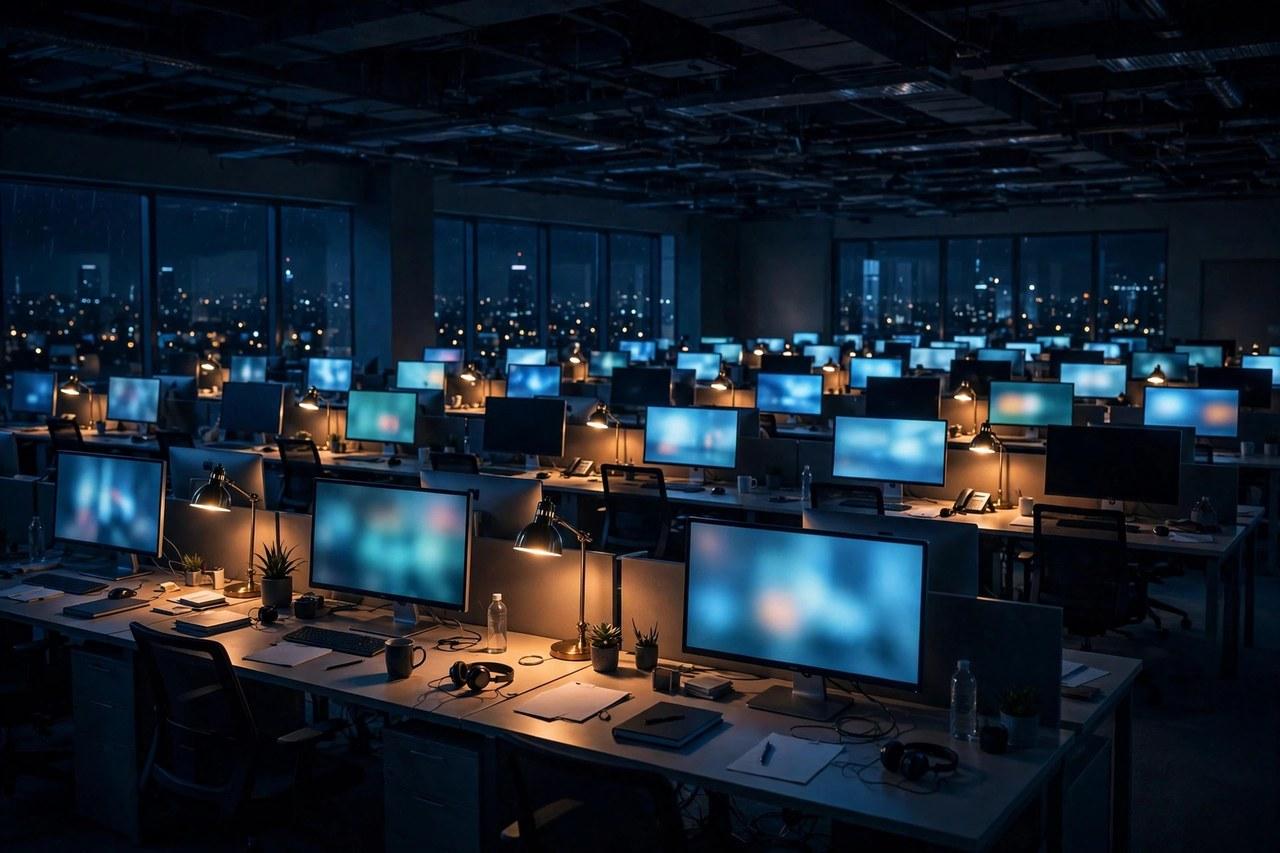 A dark newsroom at night with empty desks and glowing screens in deep blue and amber tones