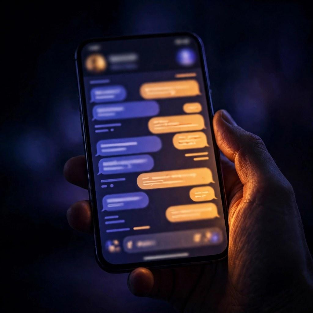 A smartphone glowing amber and blue in a dark room, its screen showing a friendly chat thread between a shopper and a business