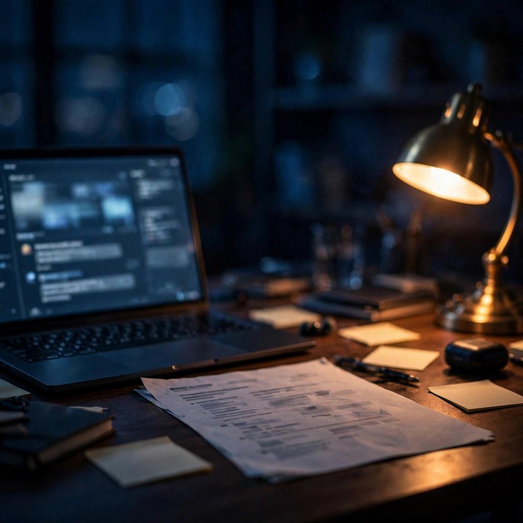 A sales desk at night with a laptop showing a customer conversation transcript next to a CRM lead record