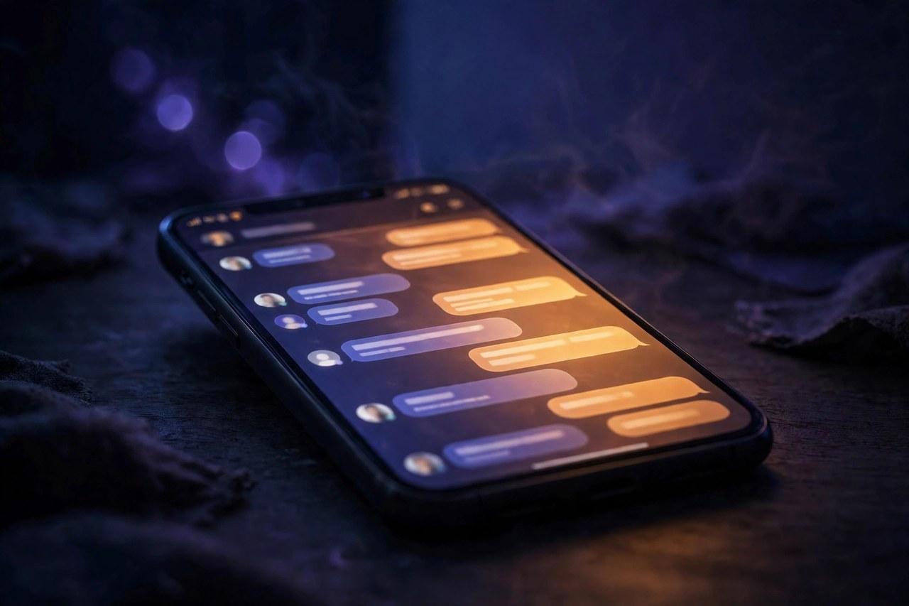 A smartphone glowing amber and blue in a dark room, its screen showing a chat thread of qualifying questions and answers
