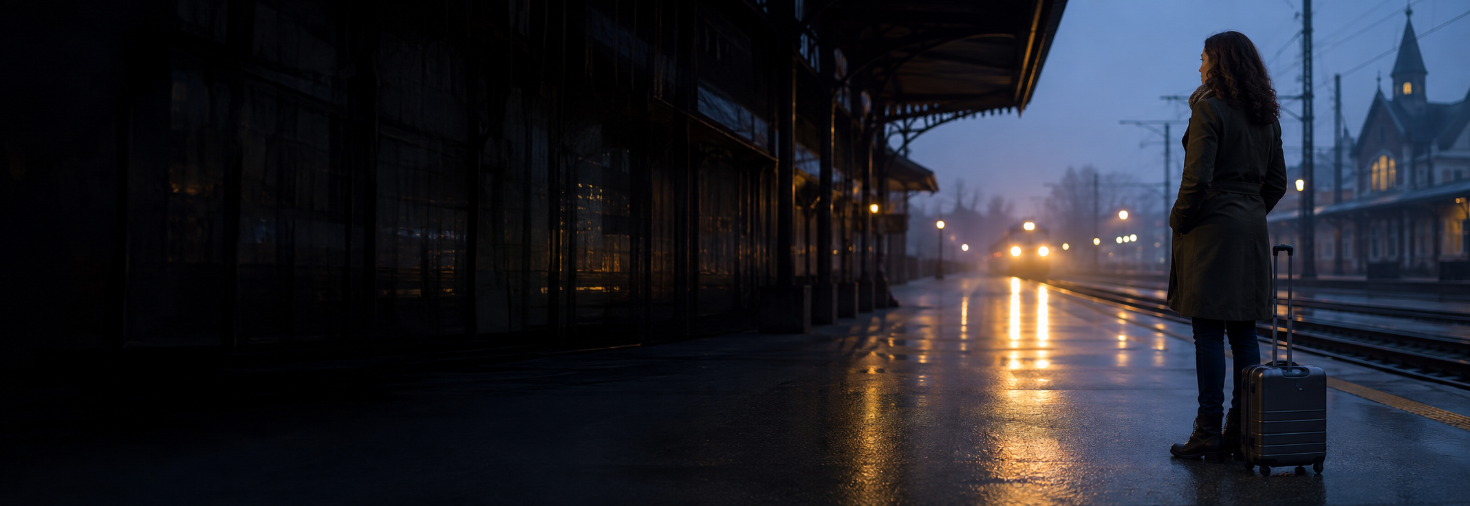A traveler with luggage waiting at a quiet dawn train platform.