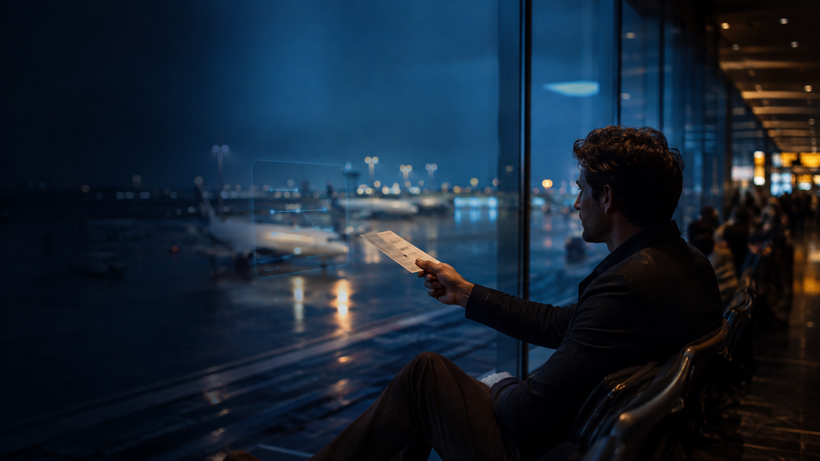 A traveler considering a paper itinerary at an airport while a quiet agent interface reflects in the window.