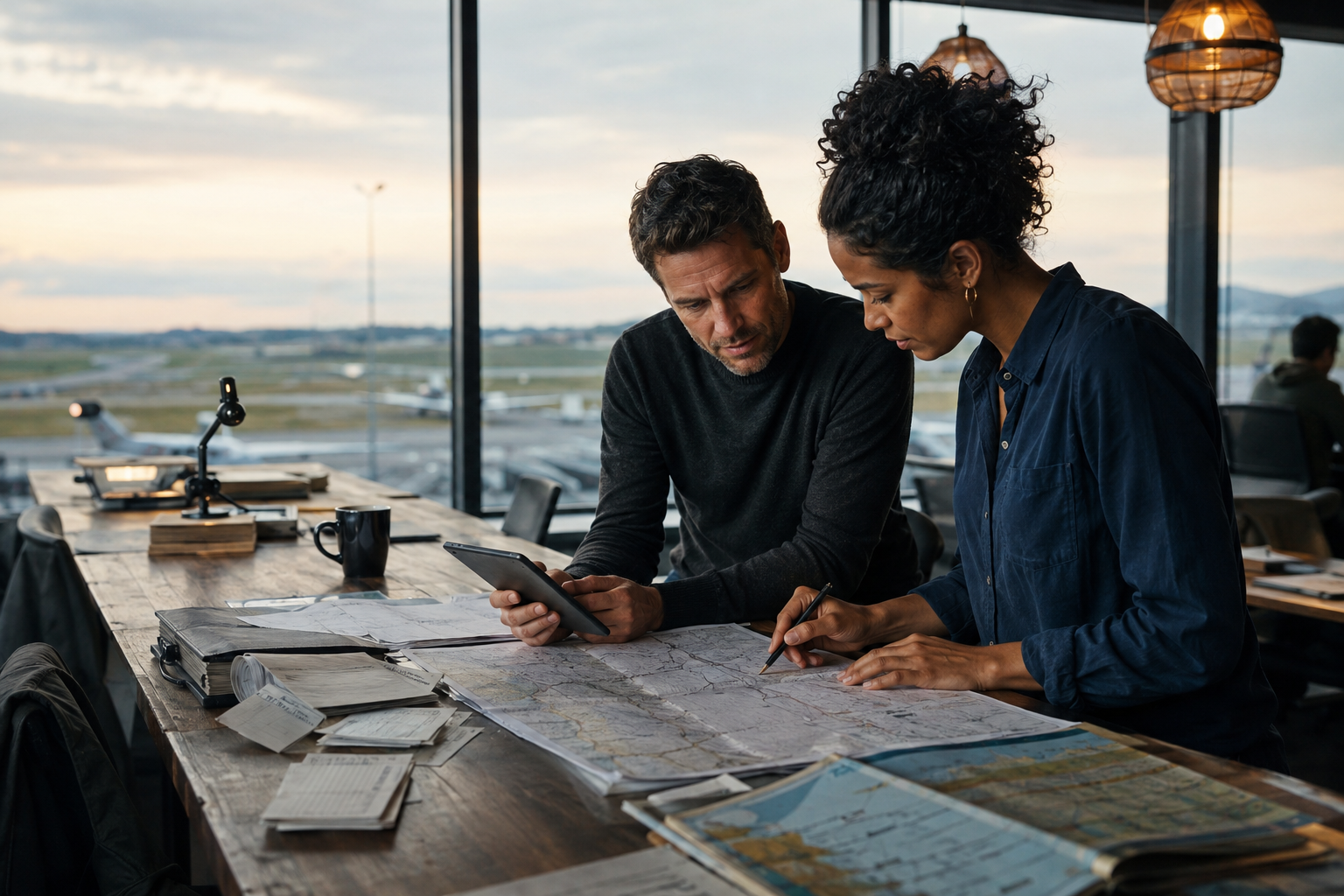 Two travel operators preparing maps, reservations, and inventory beside an airport runway.