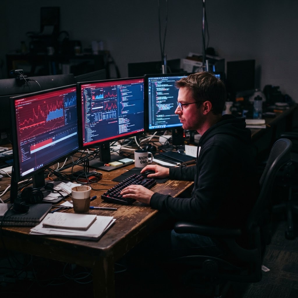 Content moderation teams racing to catch synthetic media , but detection always lags generation. Person reviewing content on multiple monitors at night