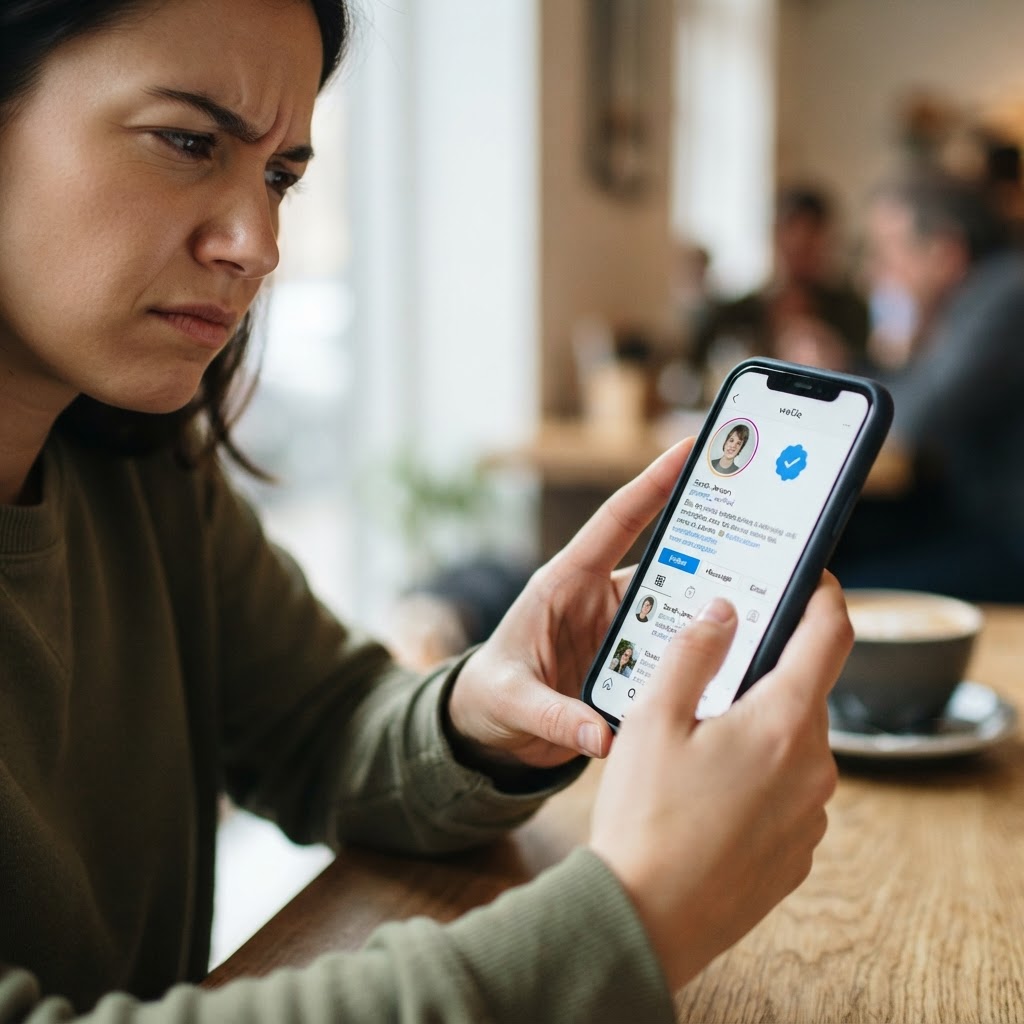 The verification badge itself becomes evidence of a safety claim , whether you intended it that way or not. Person holding phone with verification badge showing