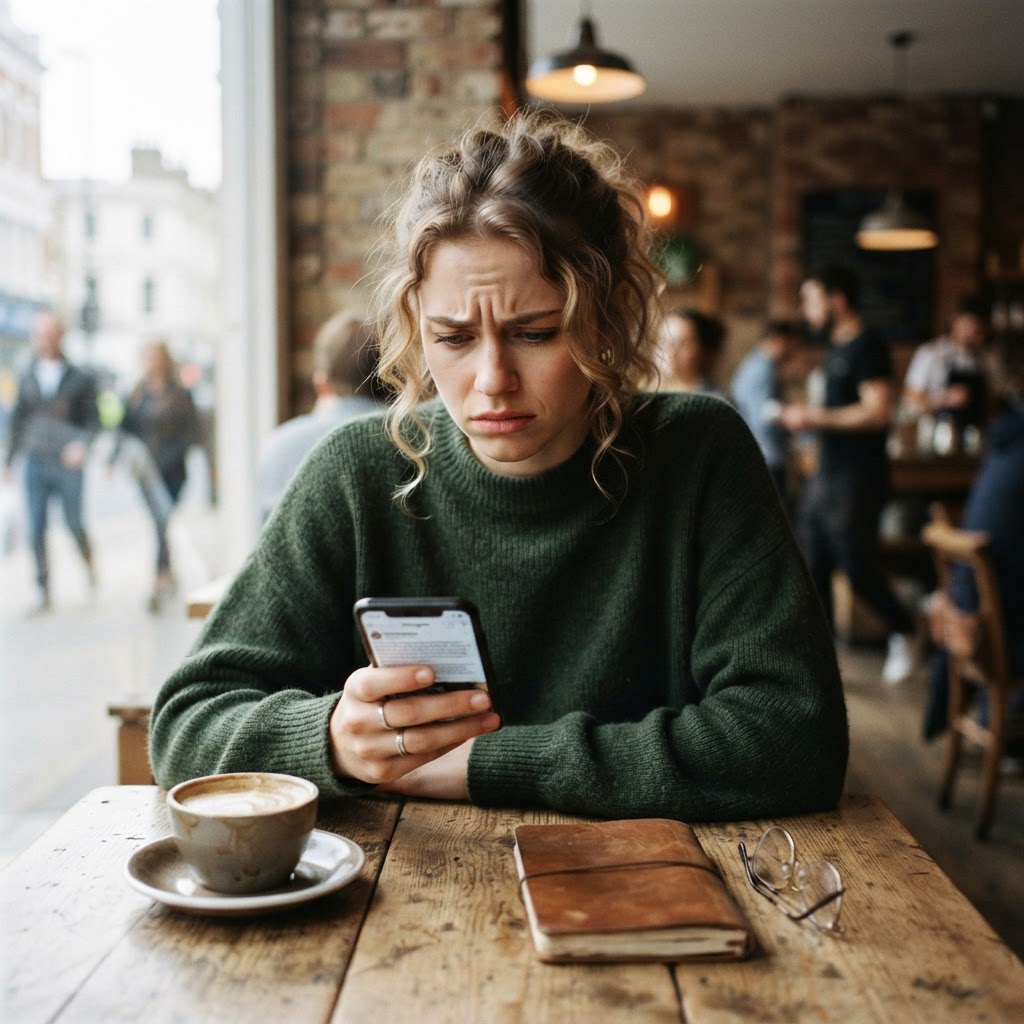 Every time a verification system fails, trust erodes , and liability multiplies. Person at coffee shop looking worried at phone
