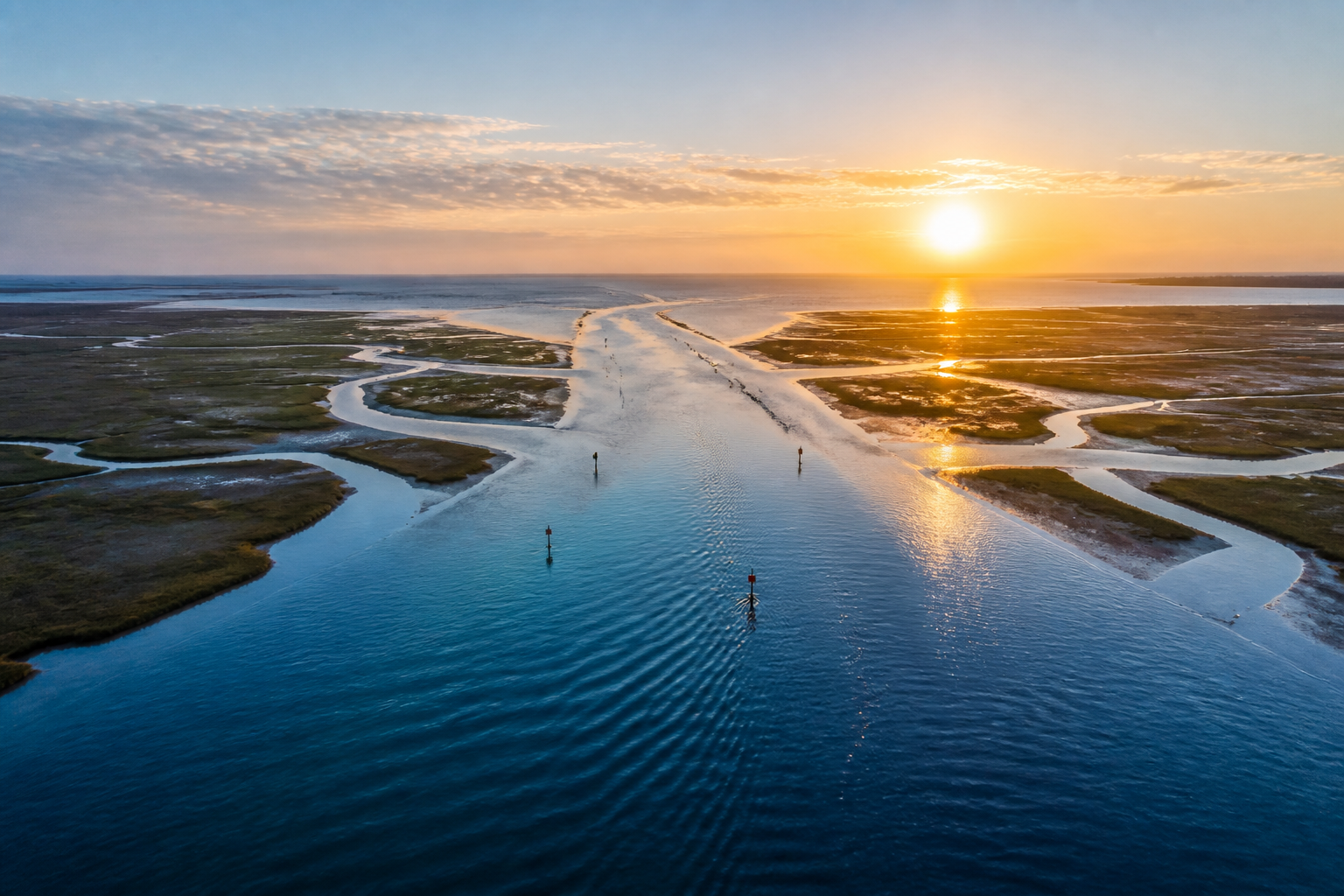 A broad estuary carries several streams into one navigable channel beneath a bright sunrise.