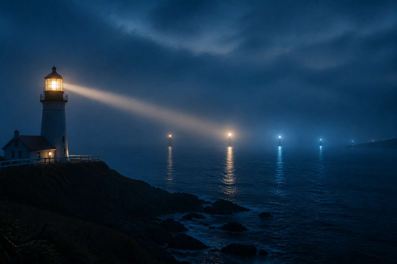A lighthouse and several distant navigation lights appear at different intervals across a foggy blue bay.