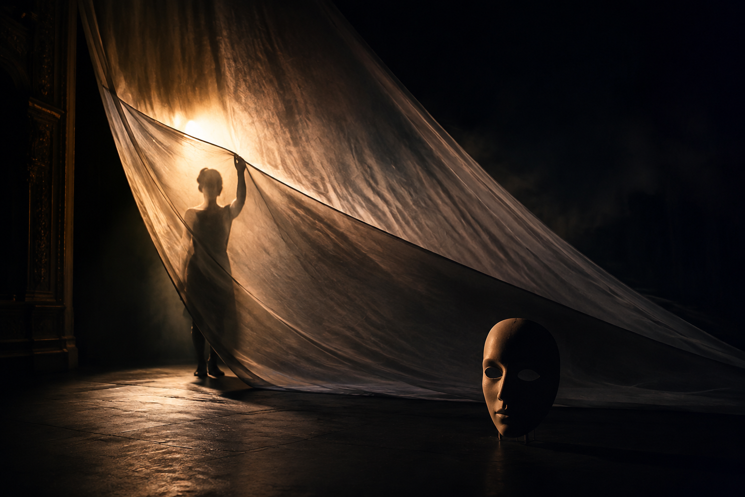 A human silhouette lifts a translucent theatre scrim while an empty mask rests in the foreground.