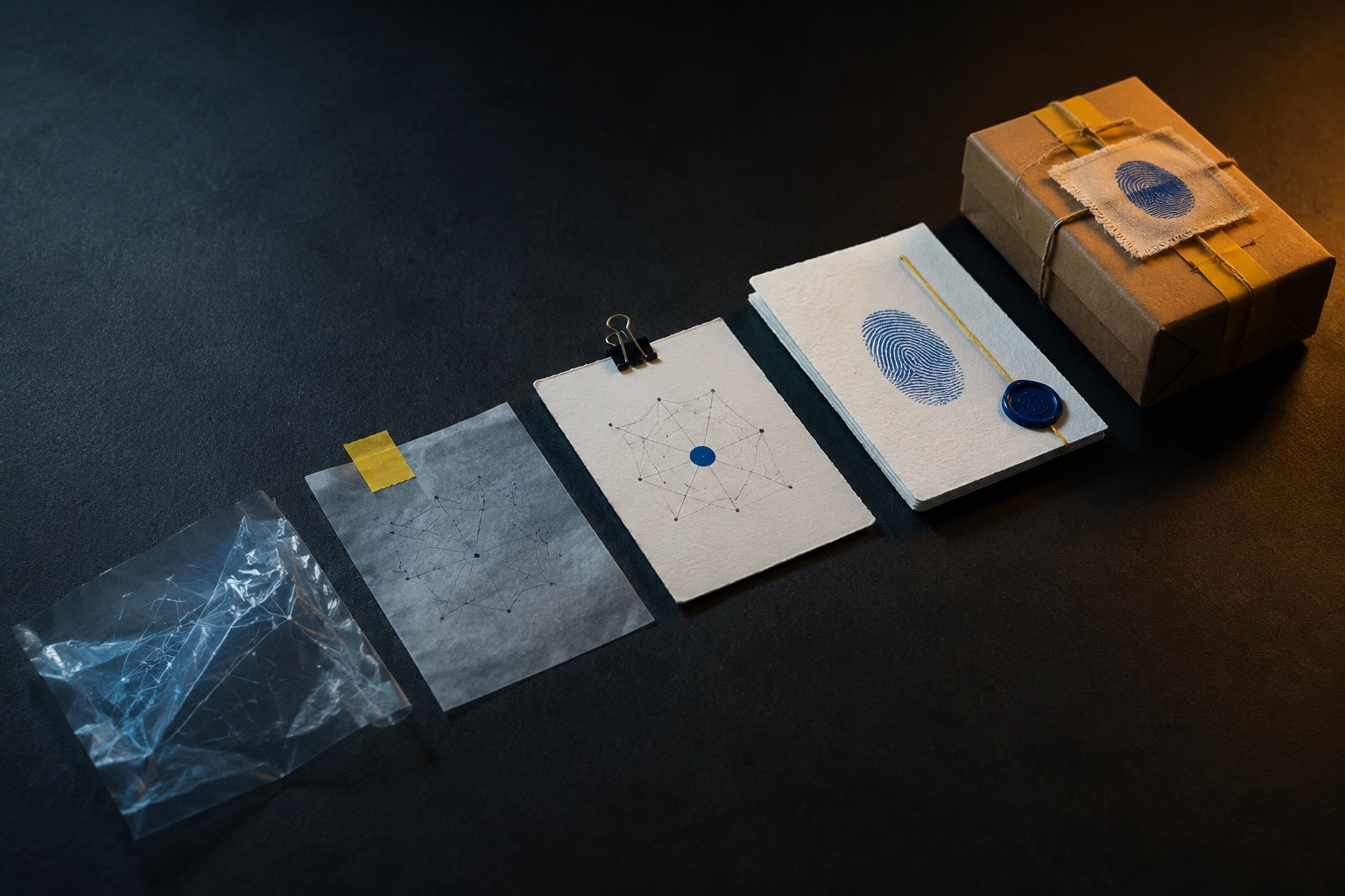 Five physical evidence stages progressing from a translucent request to a fingerprinted order and parcel