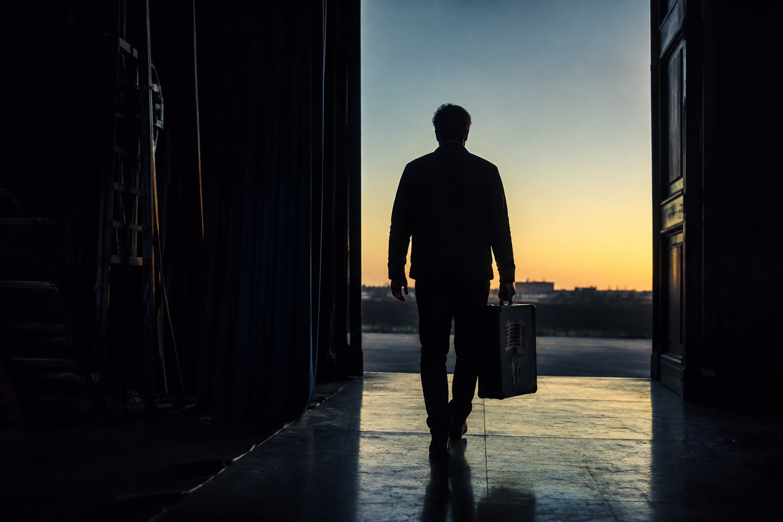 A lone speaker walks from a dark theatre toward dawn carrying a microphone case.