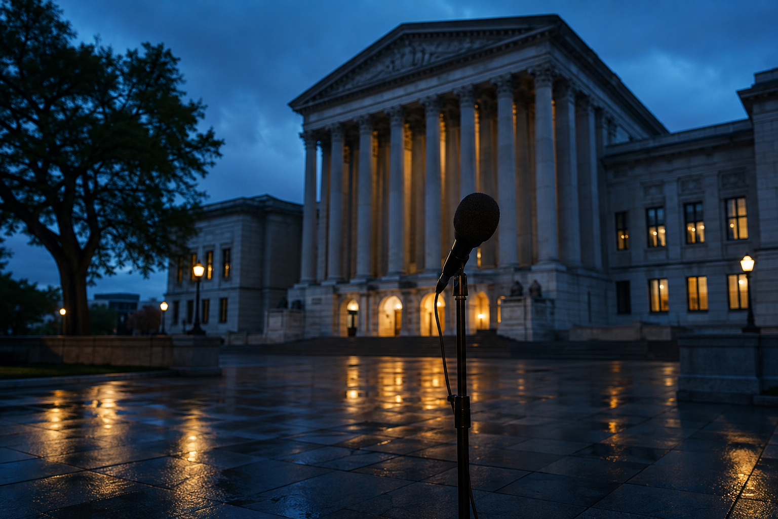 An empty press microphone stands in a rain-darkened civic square in front of a courthouse at blue hour.