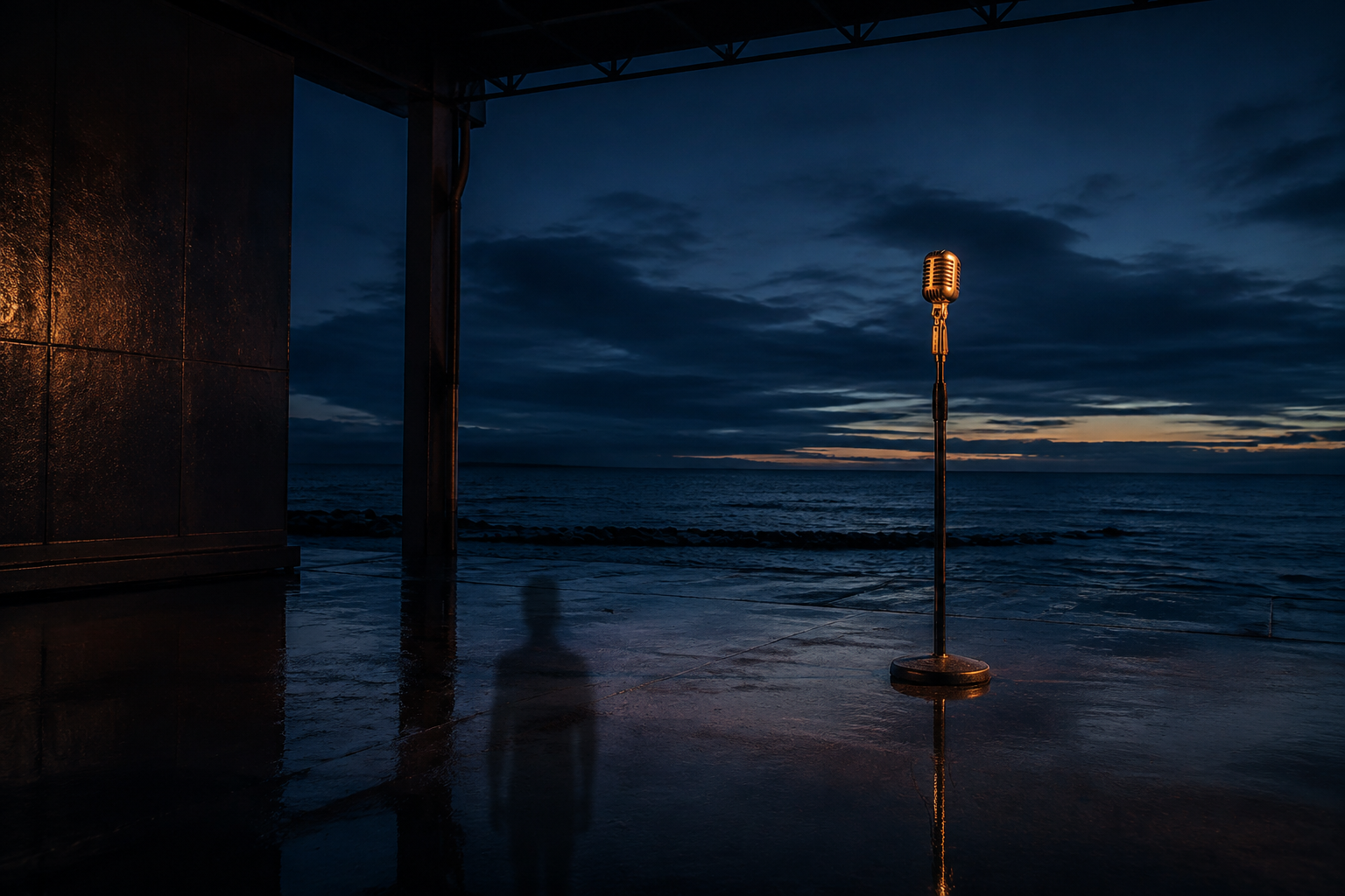 A vintage microphone stands alone on a rain-darkened seaside stage at blue hour.