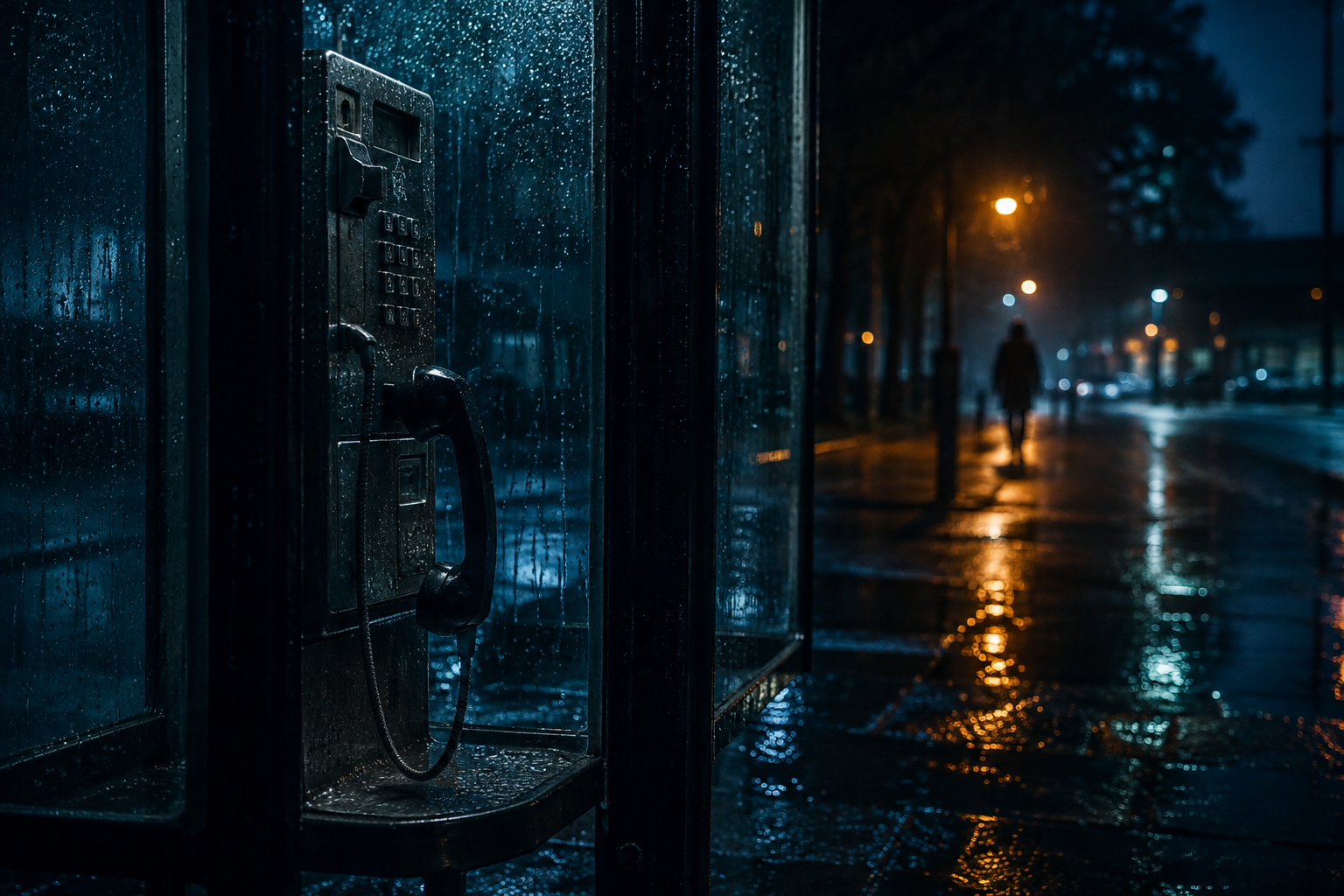 A rain-soaked public telephone booth stands beside an empty street at night, with a distant figure under amber lights.