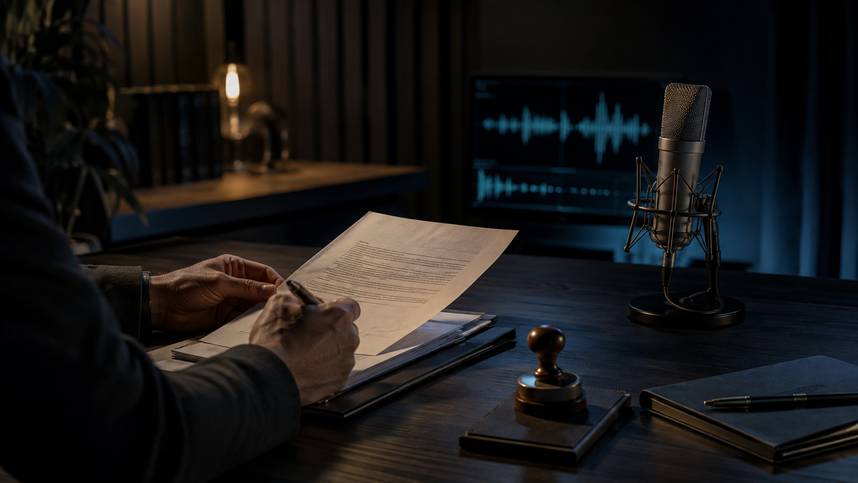 A communications counsel reviews a voice-use agreement beside a studio microphone and an abstract waveform monitor.