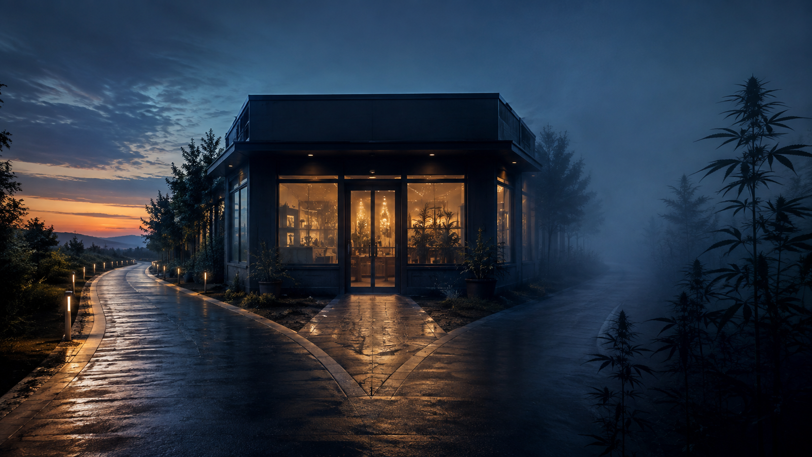 Two paths diverge from a quiet legal storefront, one illuminated and one fading into fog.