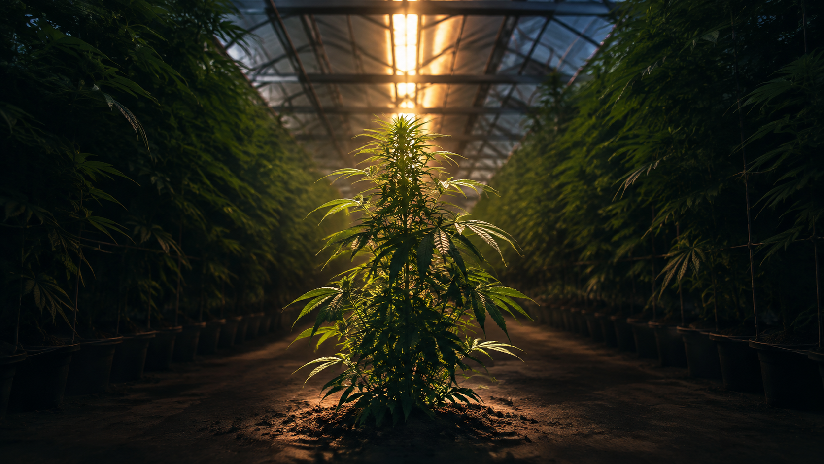 A legal cannabis storefront glows at blue hour on a quiet urban street.