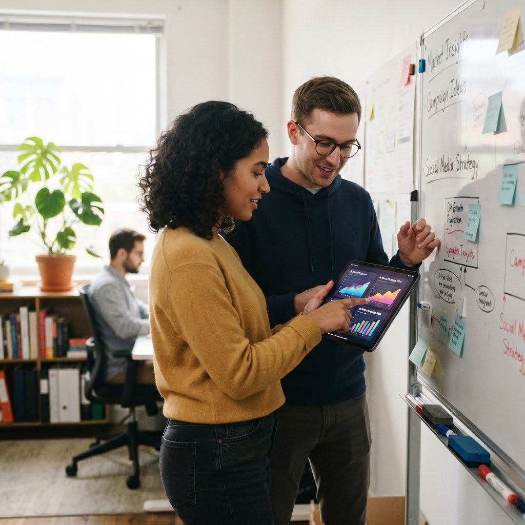 When the team realizes nobody tracked which model tier produced the deliverables Marketing team reviewing AI-generated analytics at whiteboard