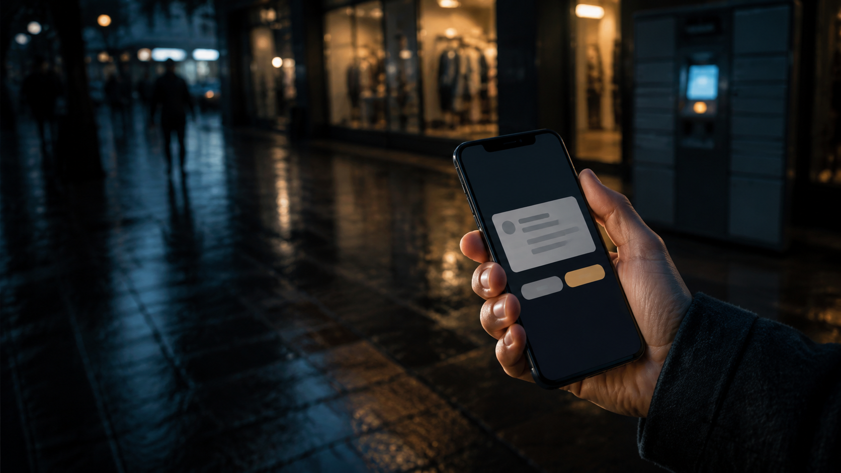 A shopper holding a phone near a storefront at night