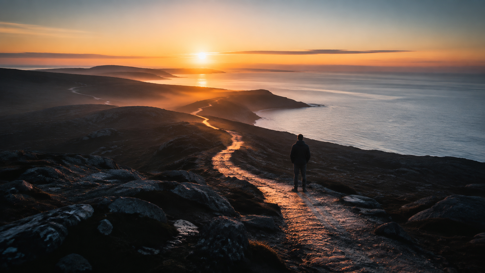 A lone person stands on a coastal path at sunrise, facing a single warm route through the dark landscape.