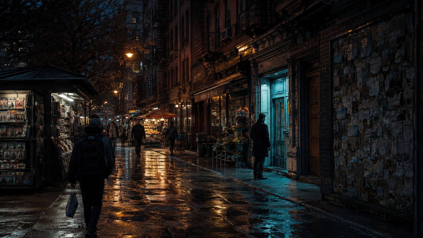 A rain-soaked city market with many storefronts and one cool-blue doorway drawing a passerby.
