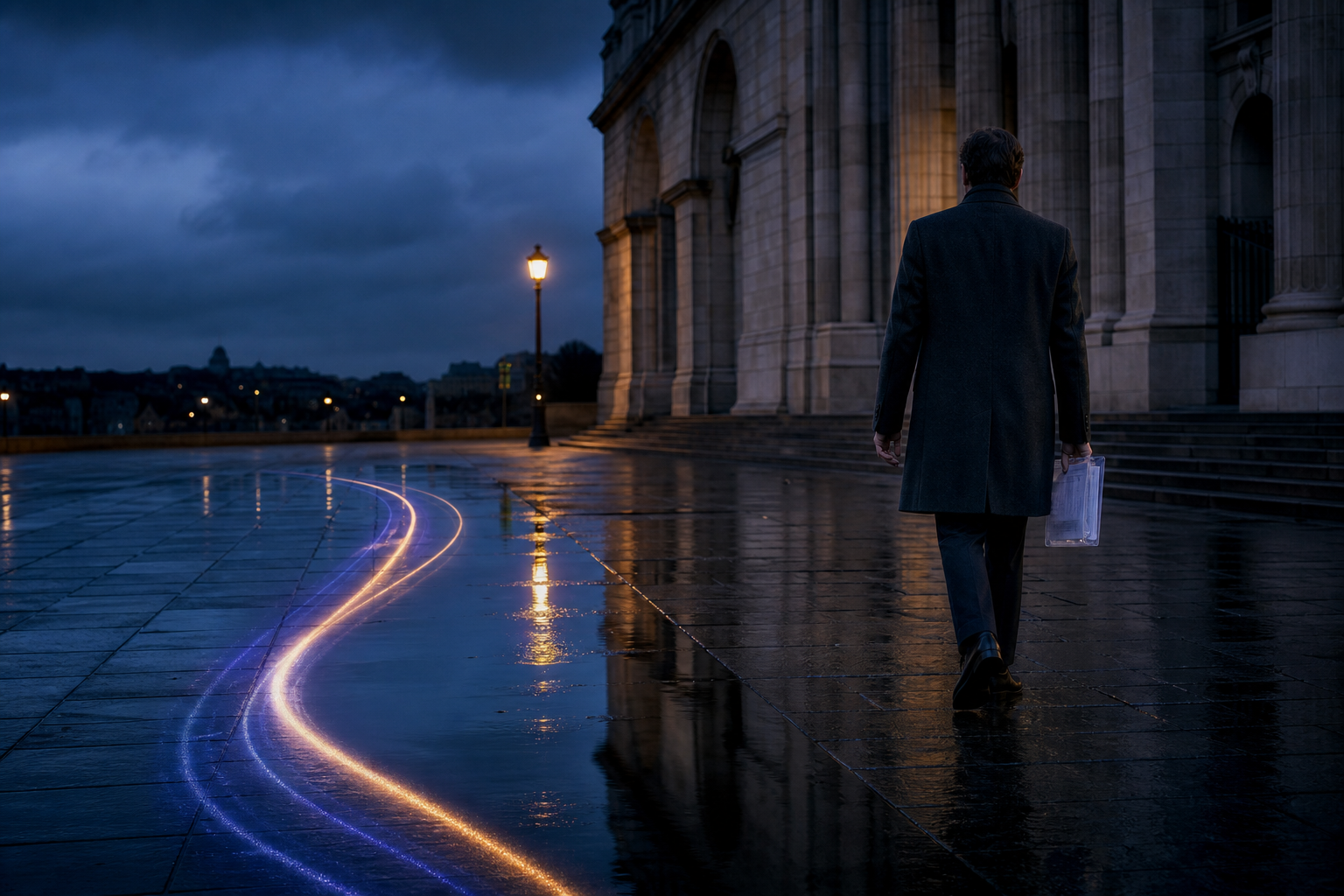 A compliance professional crossing a rain-wet civic plaza at dusk with a translucent evidence folder.
