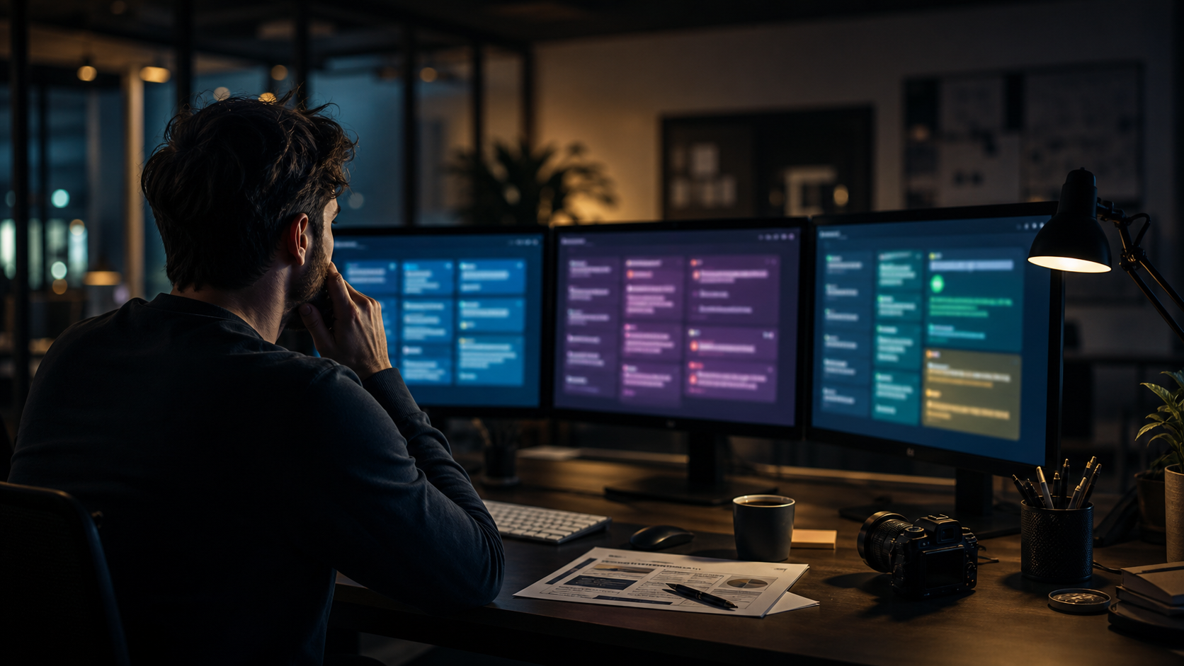 A marketing strategist comparing different AI outputs across three monitors.
