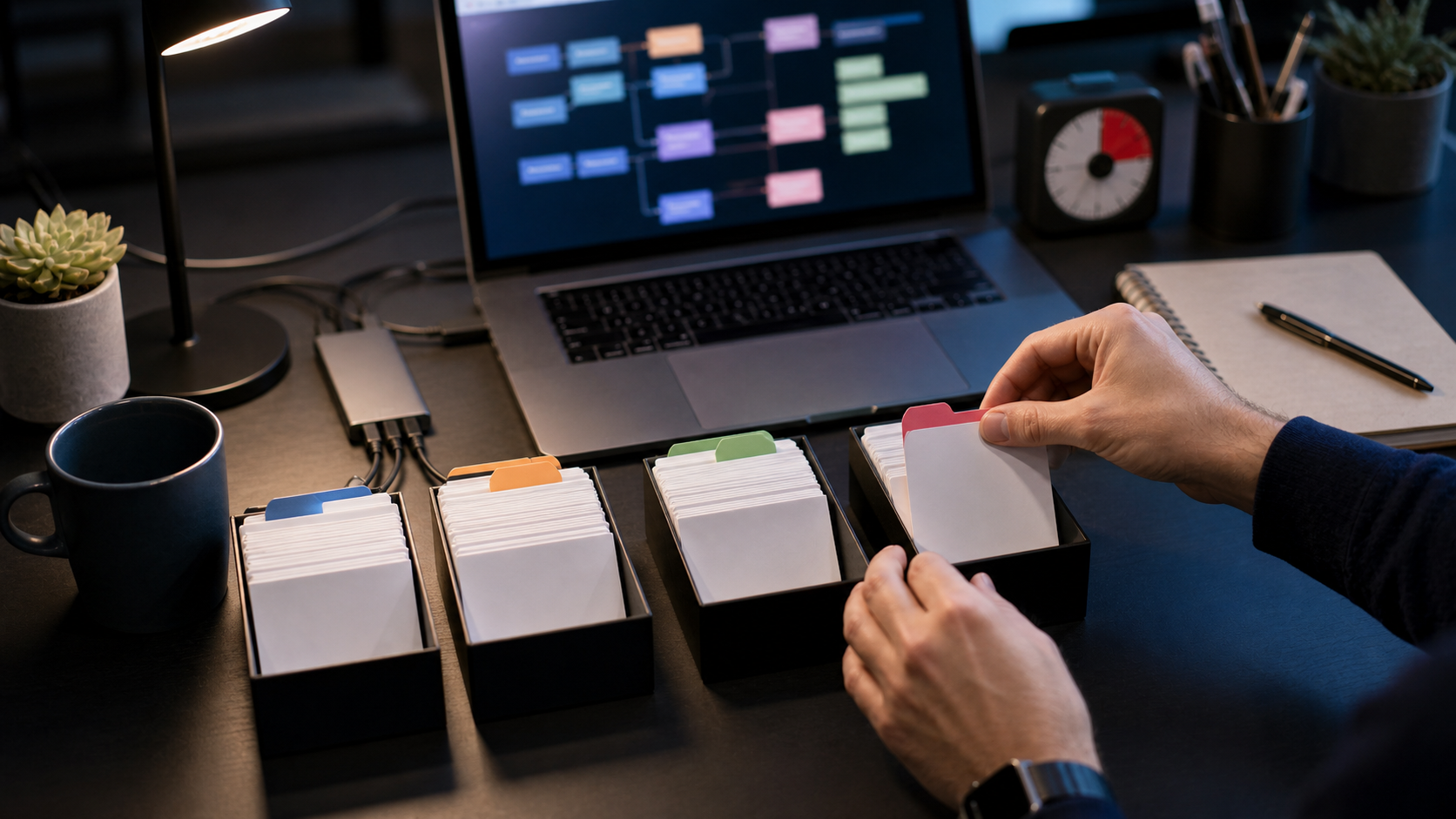 A strategist sorting physical task cards into different AI workflow lanes.