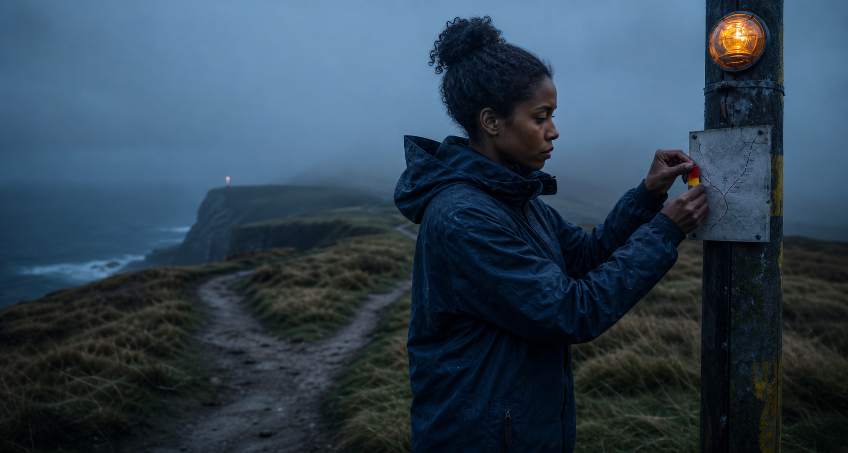 A woman marks a route boundary on a foggy coastal path