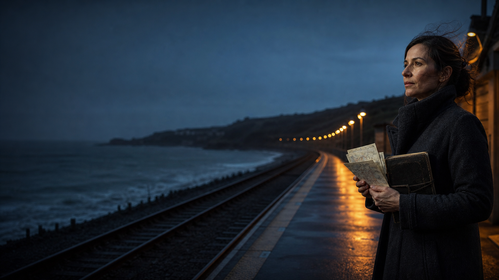 A woman holding route maps beside a coastal railway at blue hour