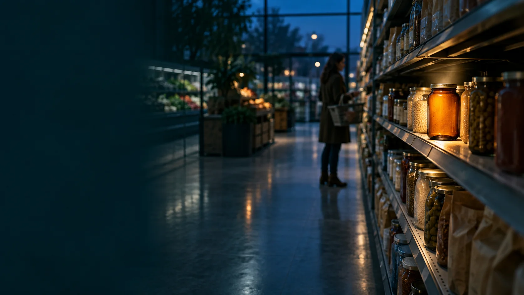One amber grocery jar is illuminated on a dark shelf while a shopper considers the aisle.