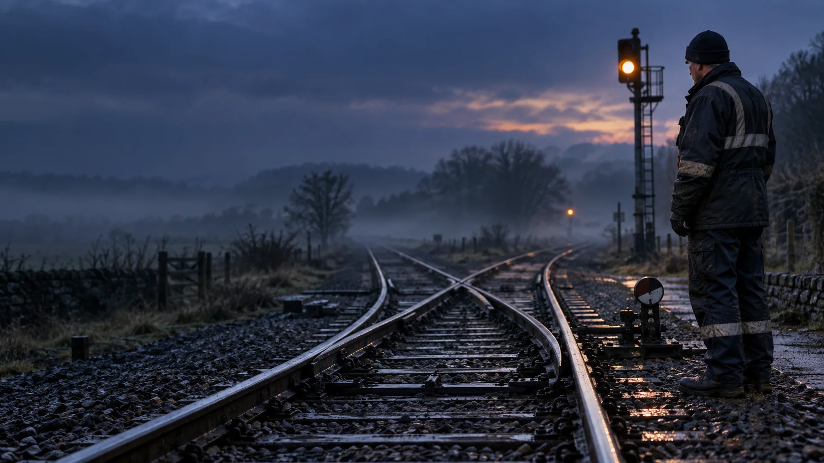 Railway signal worker standing beside a track junction at dusk, watching separate routes diverge