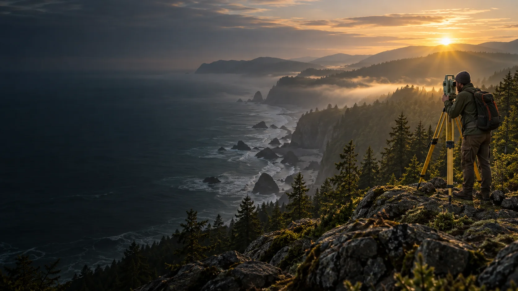 A lone land surveyor taking a real measurement on a rugged coastal hillside in early morning light