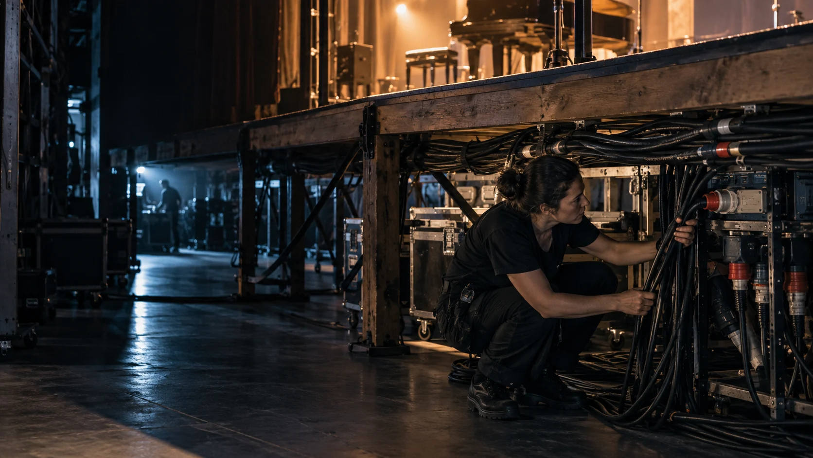 Theater technician checking power distribution and cables beneath a stage during setup