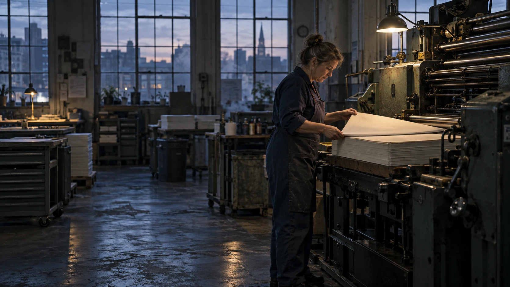 Print operator beginning an early shift beside a working press and a stack of finished sheets
