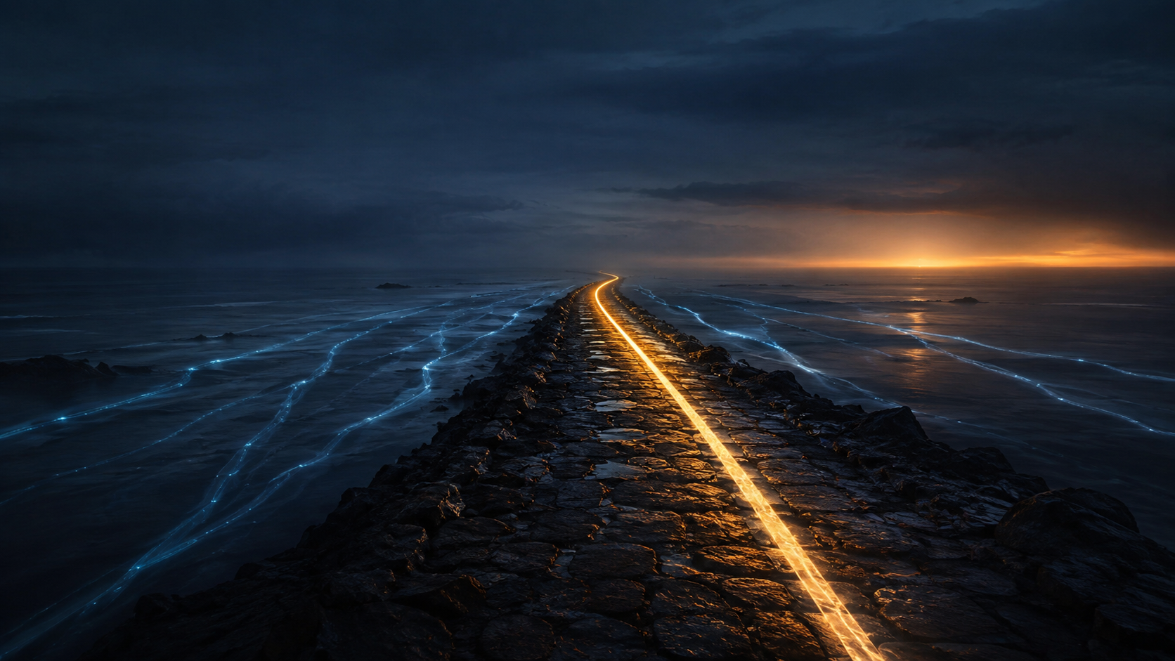A single warm path crosses a dark coastal causeway while other blue paths fade into mist.